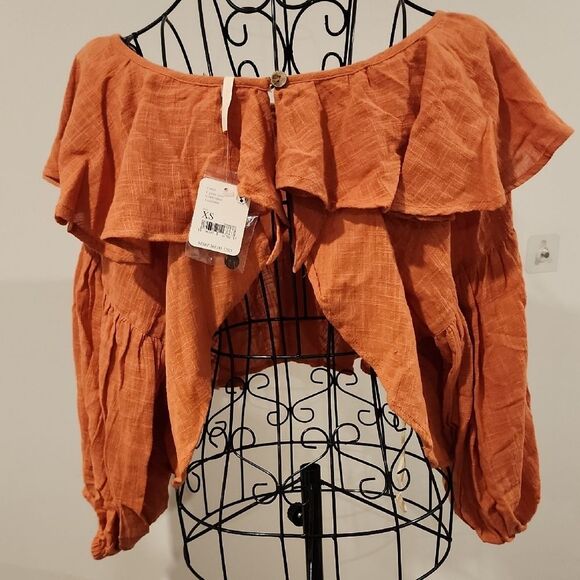 Free People Orange Ruffled Bib Collar Crop Blouse Women XS Bohemian Puffy Sleeve - Picture 4 of 8